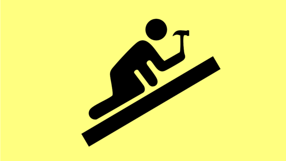 Symbol med svart figur med en hammare i handen mot gul bakgrund