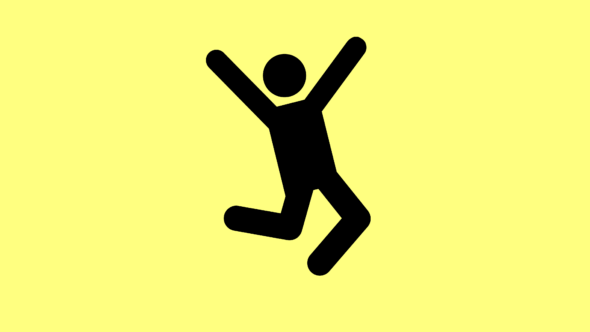 Svart glad tecknad gubbe mot gul bakgrund