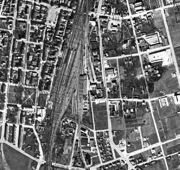 Flygbild i svartvitt från Eslöv.
