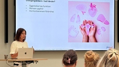 Föreläsning om klimnateriet på jobbet. kvinnlig föreläsare står vid bildskärm