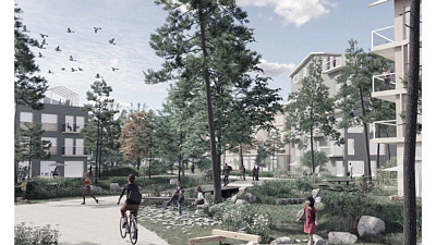En illustration av hus och park i det framtida bostadsområdet