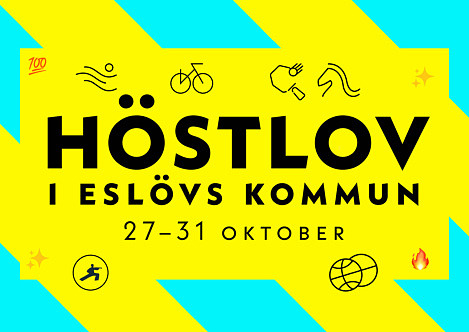 Illustration med texten "Höstlov i Eslövs kommun 27–31 oktober" på gul bakgrund med turkosa diagonala ränder. Runt texten finns små ikoner som symboliserar olika aktiviteter, som cykling, simning, dans, basket och ridning.