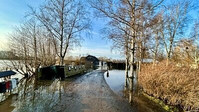 Översvämmad infartsgata till Ringsjöbaden. Hus i bakgrunden, träd och buskat längs vägen i förgrunden.