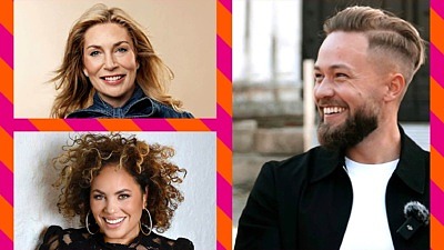Porträttcollage med tre artister som uppträder på Eslövs kommuns prisgala: en leende kvinna med långt ljust hår, en kvinna med stort lockigt hår och hoop-örhängen samt en leende man med skägg och kortklippt frisyr. Bilderna ligger mot en rosa och orange randig bakgrund.