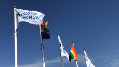Kommunflaggor och regnbågsflaggor på rad utanför stadshuset.