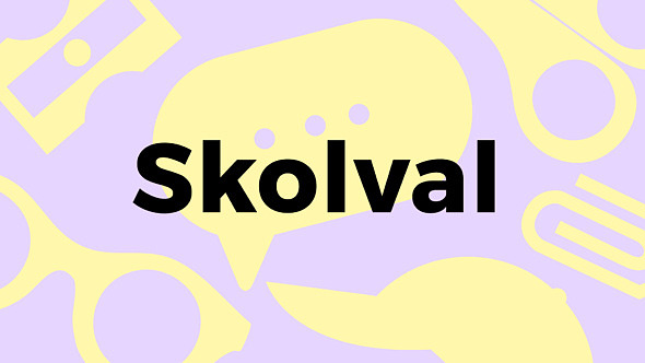 En lila bakgrund med föremål i gult med en svart text där det står "skolval"