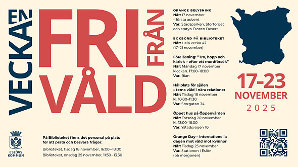 Affisch för ”En vecka fri från våld” i Eslöv 17–23 november 2025. Stor röd text: ”EN VECKA FRI FRÅN VÅLD”.