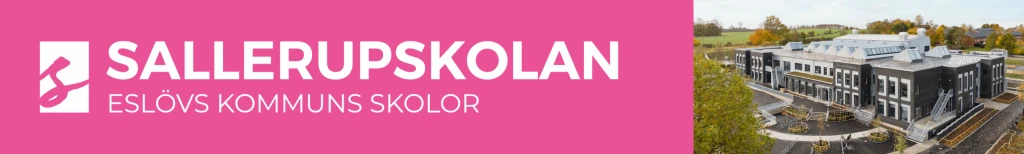 Hero för Sallerupskolan. Rosa bakgrund med texten Sallerupskolan och en bild på skolan ovanifrån.